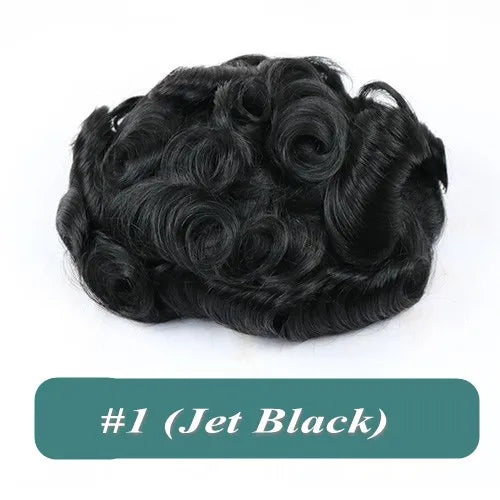 Durable Natural Hairline Human Hair Men's Toupee 26mm Curly Managable Skin Base #1 Jet Black Brown Hair Capillary Prosthesis