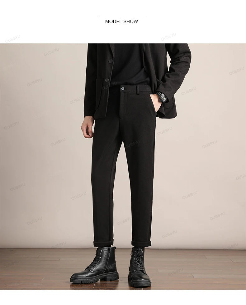 Brand Clothing Autumn Winter Luxury Suit Pants Men Thick Business Elastic Waist Woolen Ankle Pant Korean Formal Long Trousers