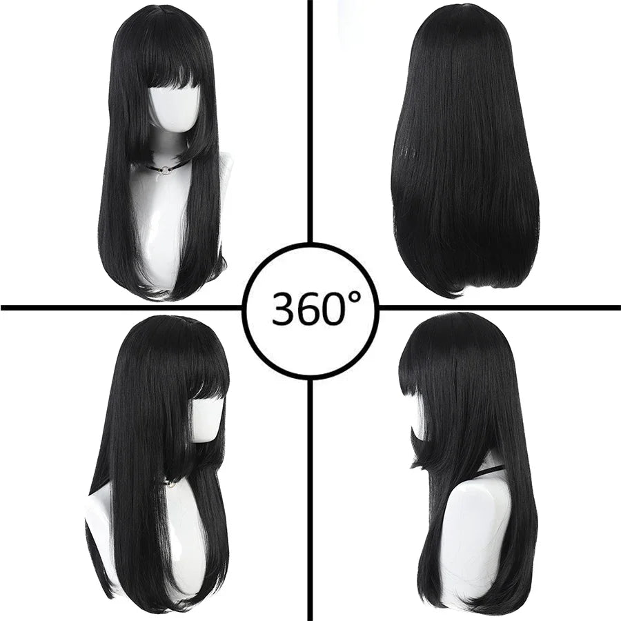 Natural Long Straight Synthetic Black Wig With Bangs Lolita Cosplay Hair Wigs For Women Heat Resistant Fiber Daily Party Wig