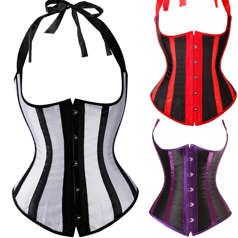 Lady Vest Corsets for Women Satin Halter Tops Straps Underbust Corset Bodyshaper Steampunk Corset Bustier Sexy Cupless Lingerie