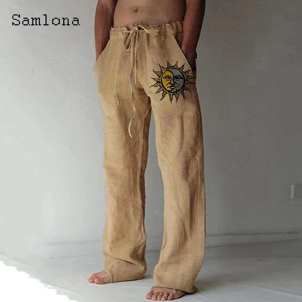 Samlona 2025 Men's Pocket Design Linen Pants Drawstring Loose Trouser Plus Size 3xl Mens Fashion Birds Feather Print Sweatpants