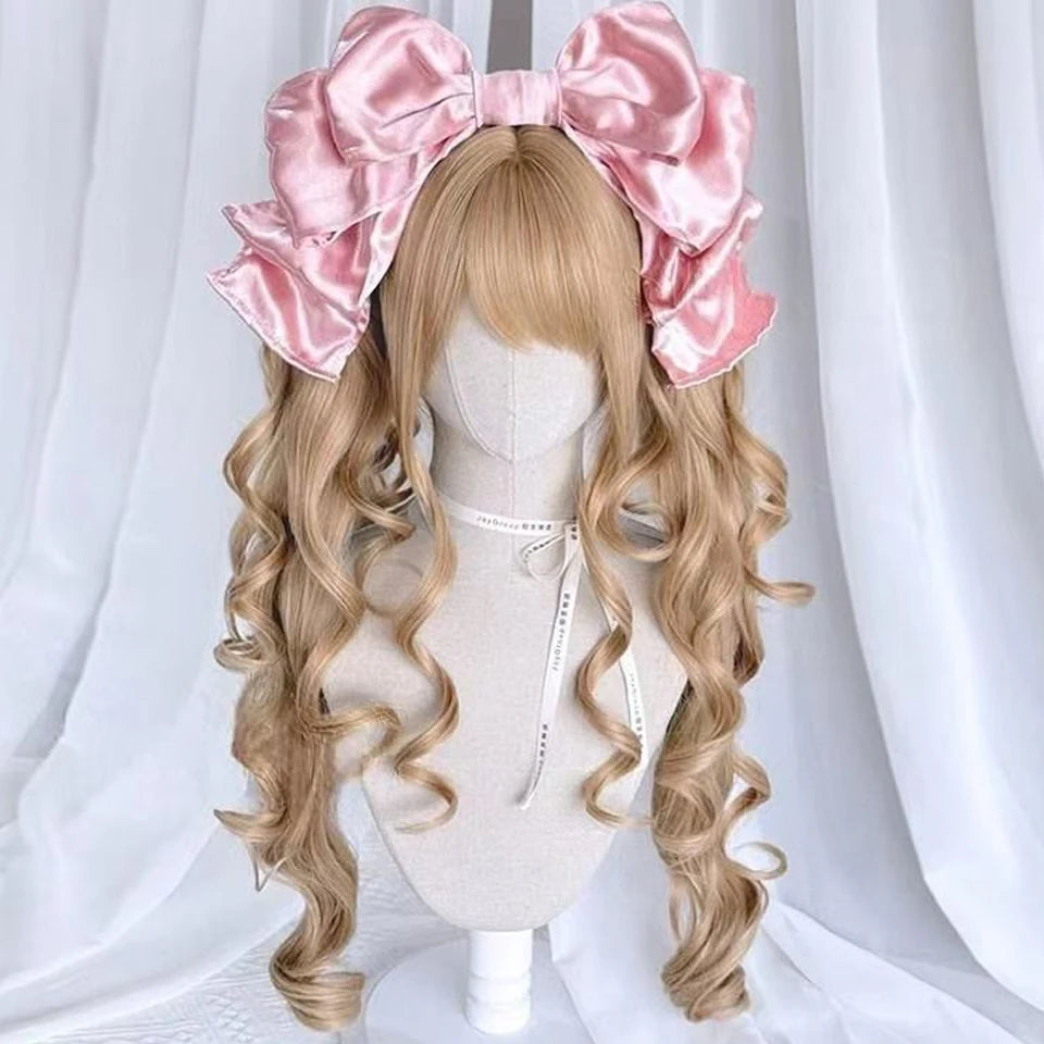 AOSI Synthetic Long Curly Wig Double Ponytail Cute Lolita Women Wigs Halloween Cosplay Style Blonde Brown Party Wig