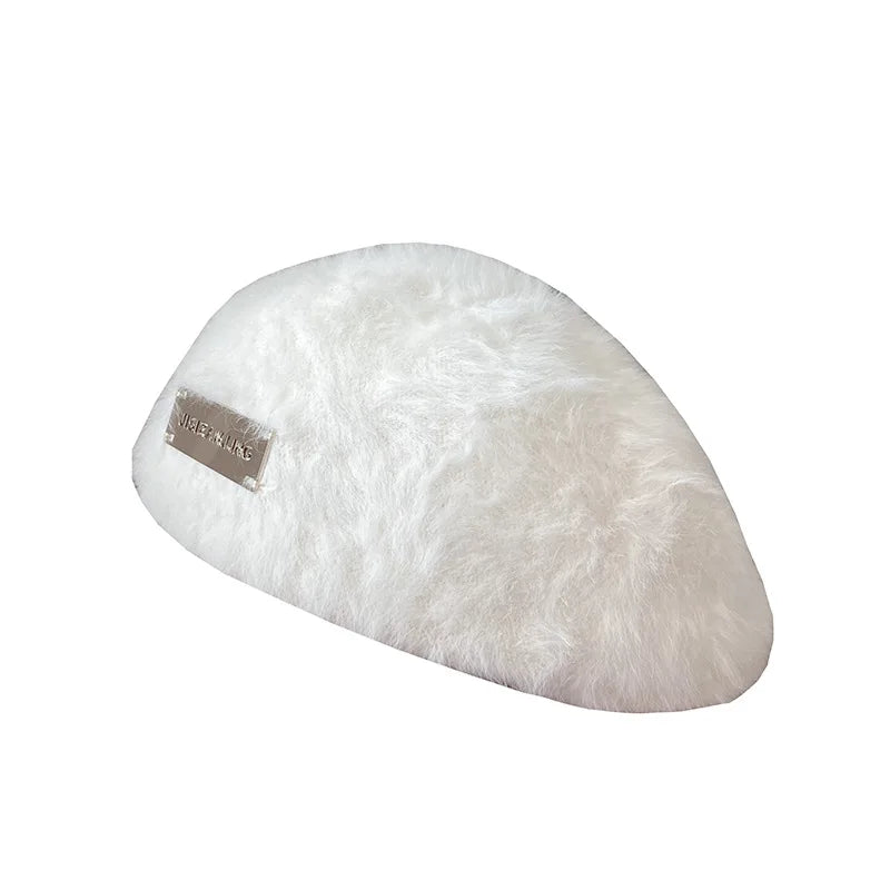 Rabbit Fur Beret Women's Autumn And Winter Korean Version Fashionable Versatile Iron Logo Reverse Wearing Plush Forward Hat
