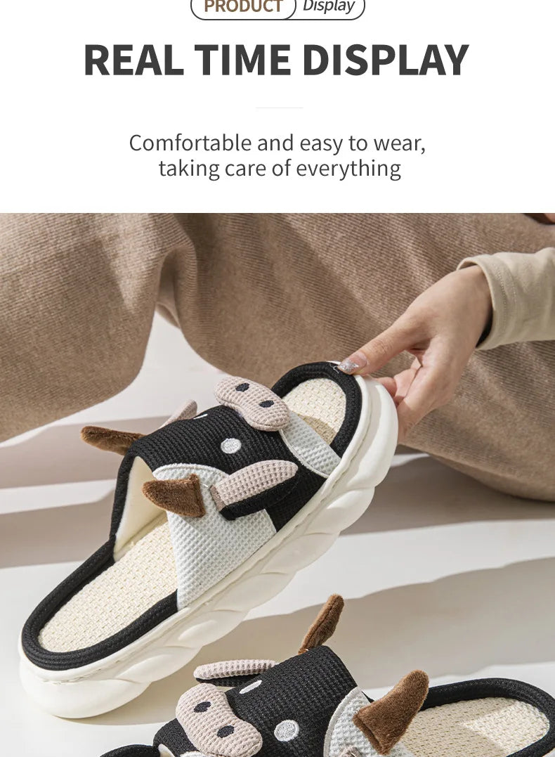 Gacimy Women's Cartoon Linen Slippers Comfortable Soft Thick Sole Indoor House Slippers Summer New Breathable Cute Linen Slides
