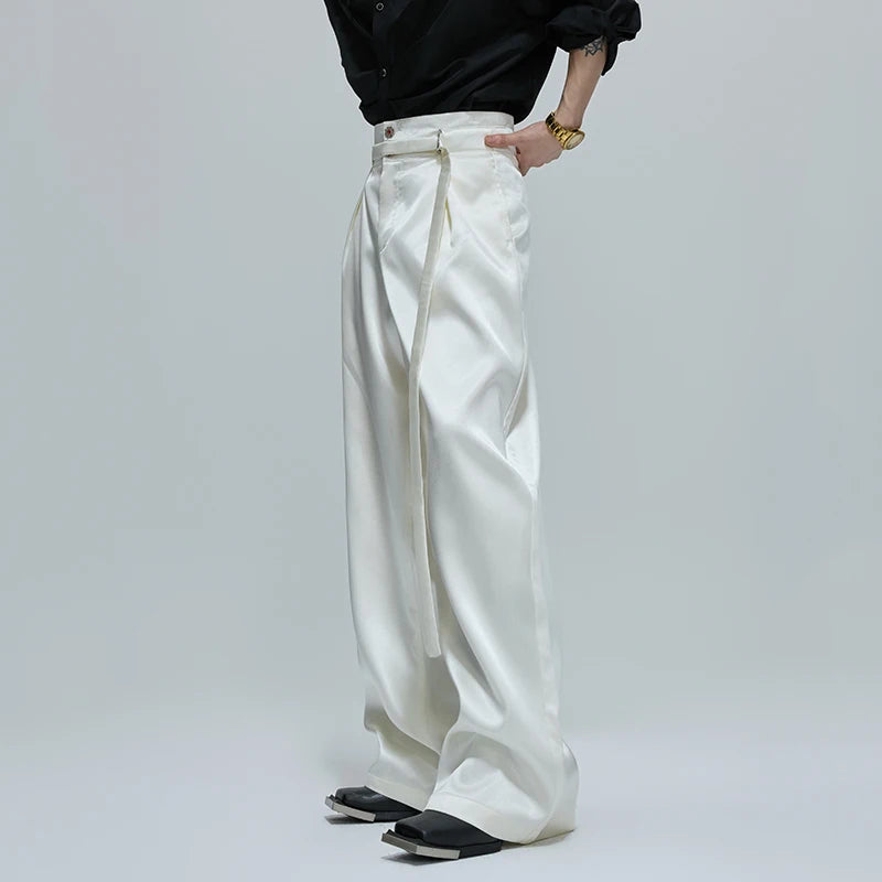 FEWQ Niche Design Men's Suit Sets Lapel Double Breatsed Silhouette Glossy Blazers Wide Leg Belt Chc Button Male Trousers 24K6098
