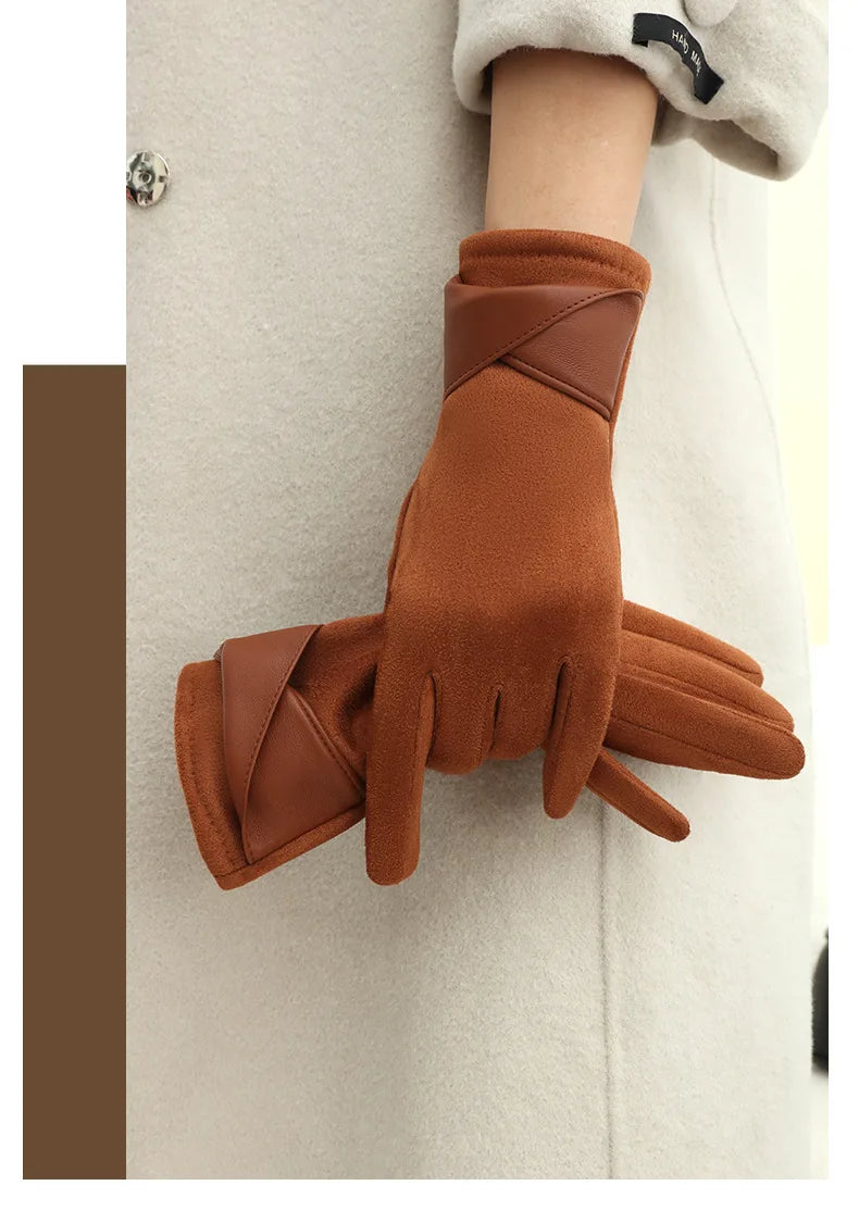 New Suede Gloves for Women Winter Plus Velvet Warm Commercial Style Temperament Bow Touch Screen Riding Driving