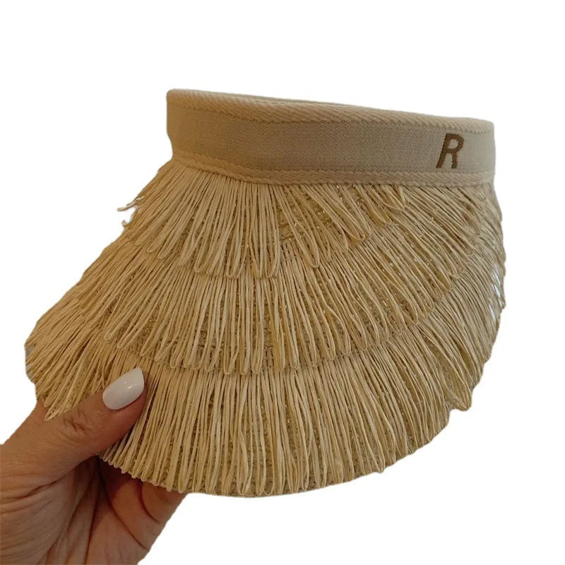 2025 New summer empty top women's straw braid fringe sunhat is a sunhat with sunblock UV beach holiday