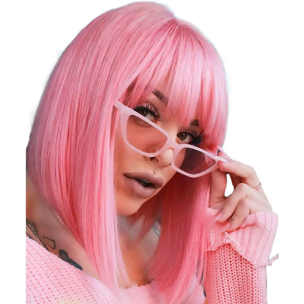 12-inch pink short straight hair synthetic wig for cosplay, pompadour hairstyle, daily high-temperature hair wig