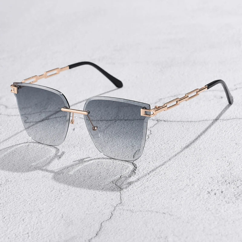 New Sunglasses Women Rimless Cat Eye Eyewear Gradient Brown Cutting Lens Sun Glasses For Female Alloy Eyeglasses Brand Designer