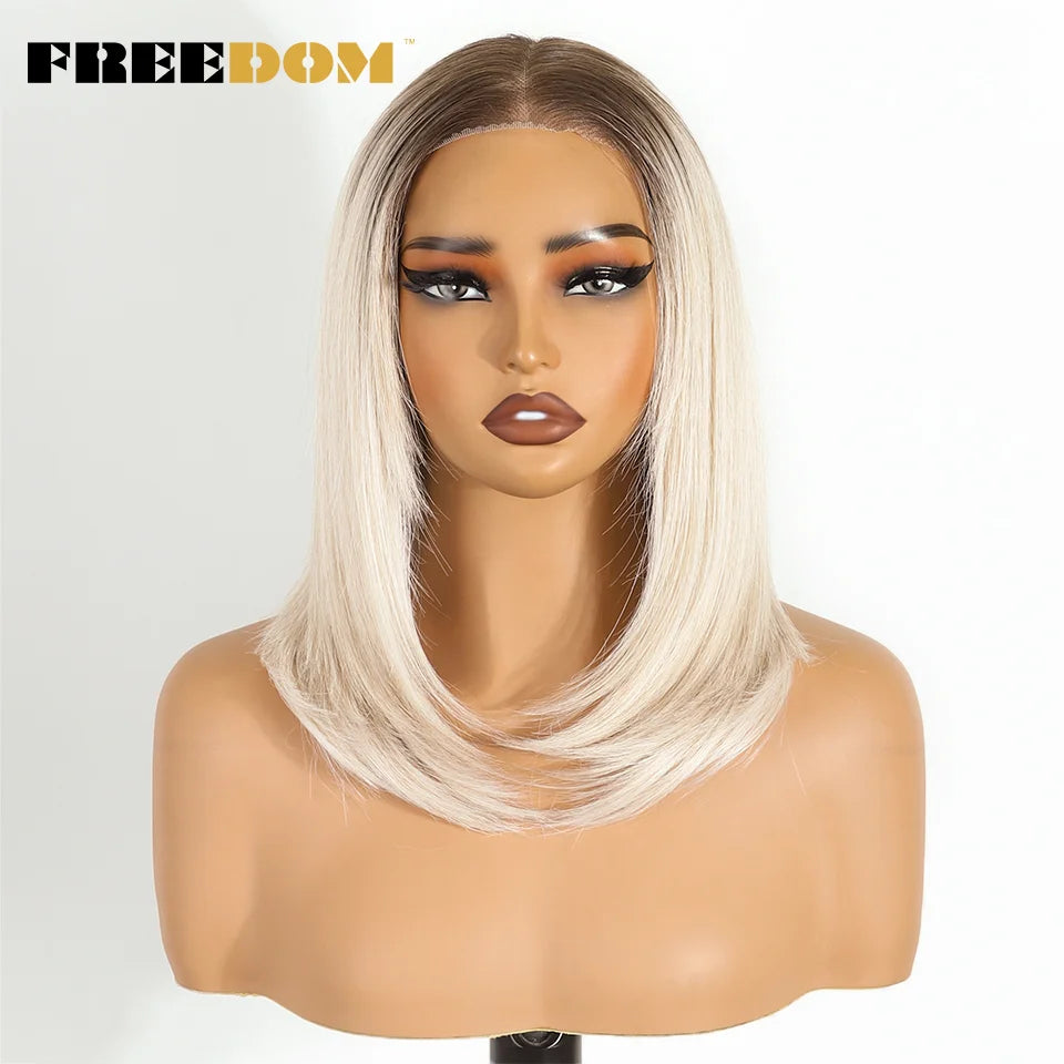 FREEDOM Layered Straight Synthetic Lace Front Wigs For Women Short Bob 6x4 Wear And Go Glueless Wig Ombre Brown Pre Plucked Wigs