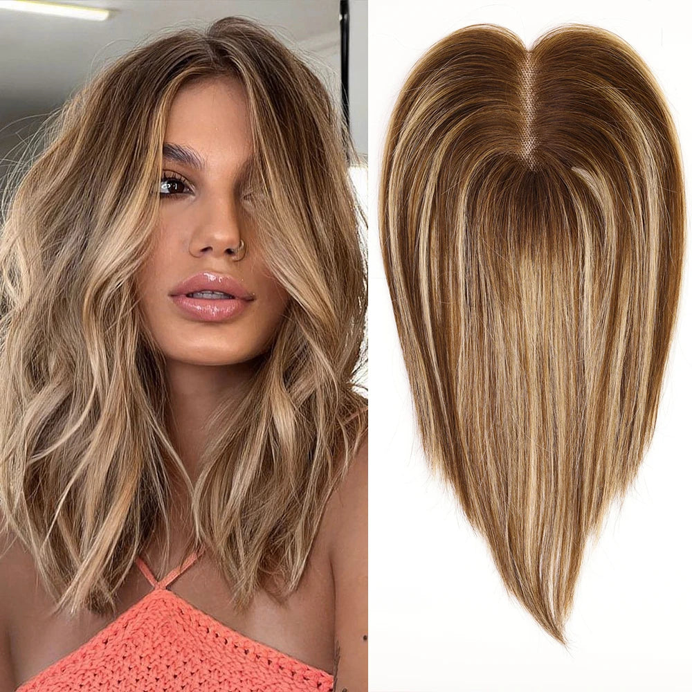 Chocolate Brown Remy Human Hair Toppers 12inches Straight Topper Lace Base Clips in Hair Human Hair Pieces Extensions for Women