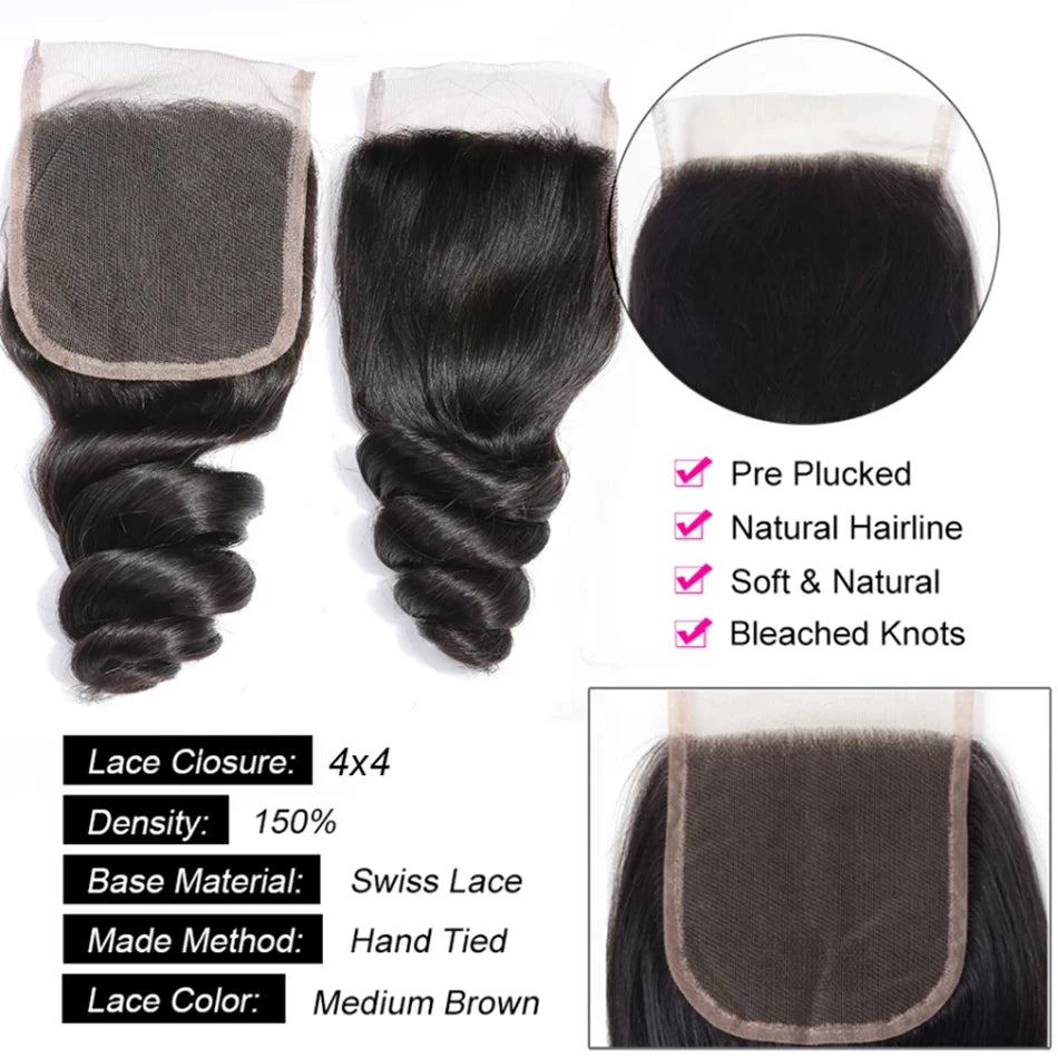15A Peruvian Raw Virgin Hair Unprocessed Human Hair Bundles With Closure 4X4 Loose Wave Bundles And Closure Natural Black Color