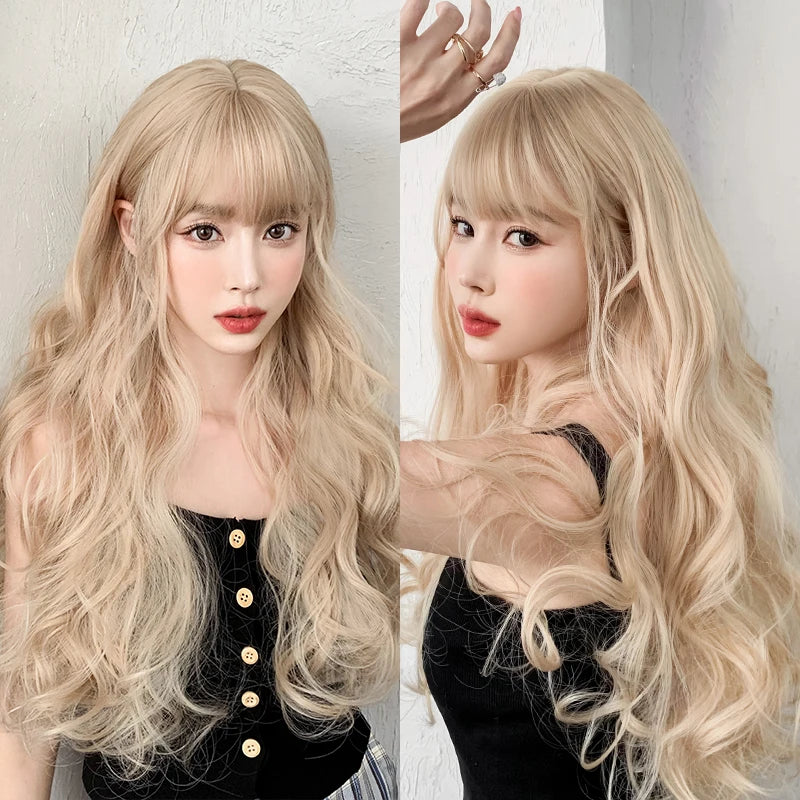 7JHH WIGS Body Wavy Wig Long Loose Curly Brown Wig for Women Daily Use High Density Synthetic Layered Hair Wigs with Bangs