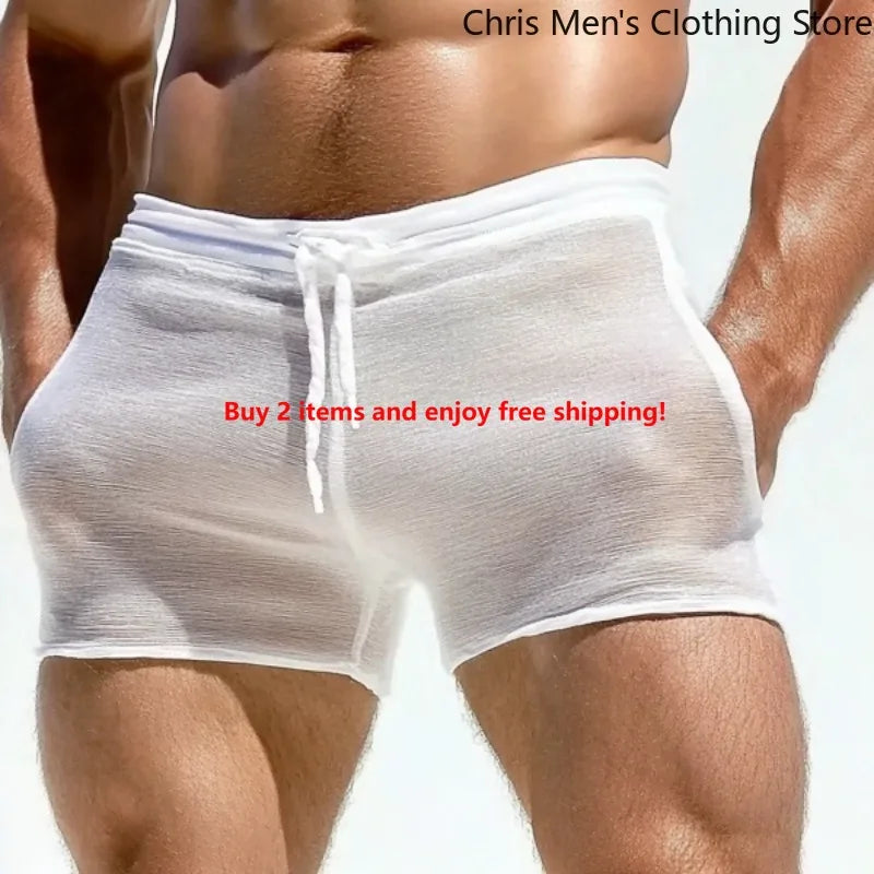 【 Quick Delivery From Stock 】Summer Men's Semi-transparent Sexy Lace-up Shorts Home Casual Comfortable Fitness Shorts Sweatpants