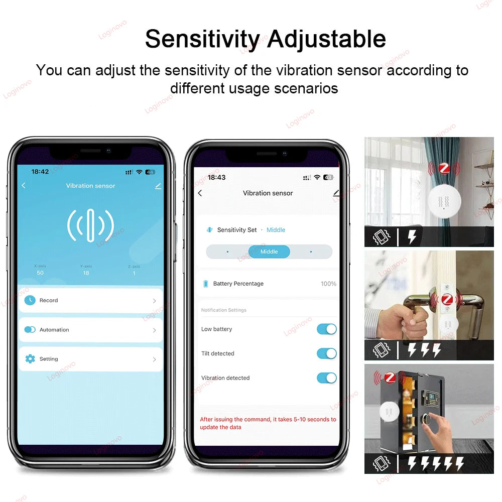 Zigbee Smart Life Vibration Sensor Detection Tilt XYZ Axis Sensor Tuya App Notification Real-Time Motion Shock Alarm Record