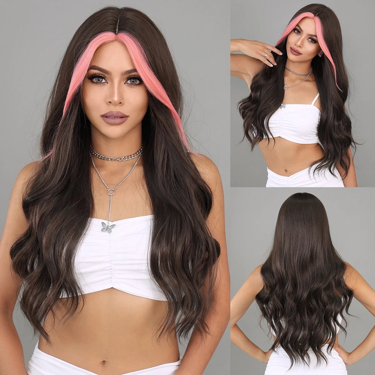 NAMM Highlight Skunk Wig Body Wave Synthetic Blue Wig for Women Daily Party Use Highlight Ash Wavy Wigs With Medium Wigs