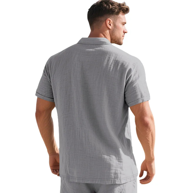 2025Summer New Men's Shirt British Style Loose Trendy Breathable Linen Casual Polo Collar Series POLO Shirt Short Sleeve