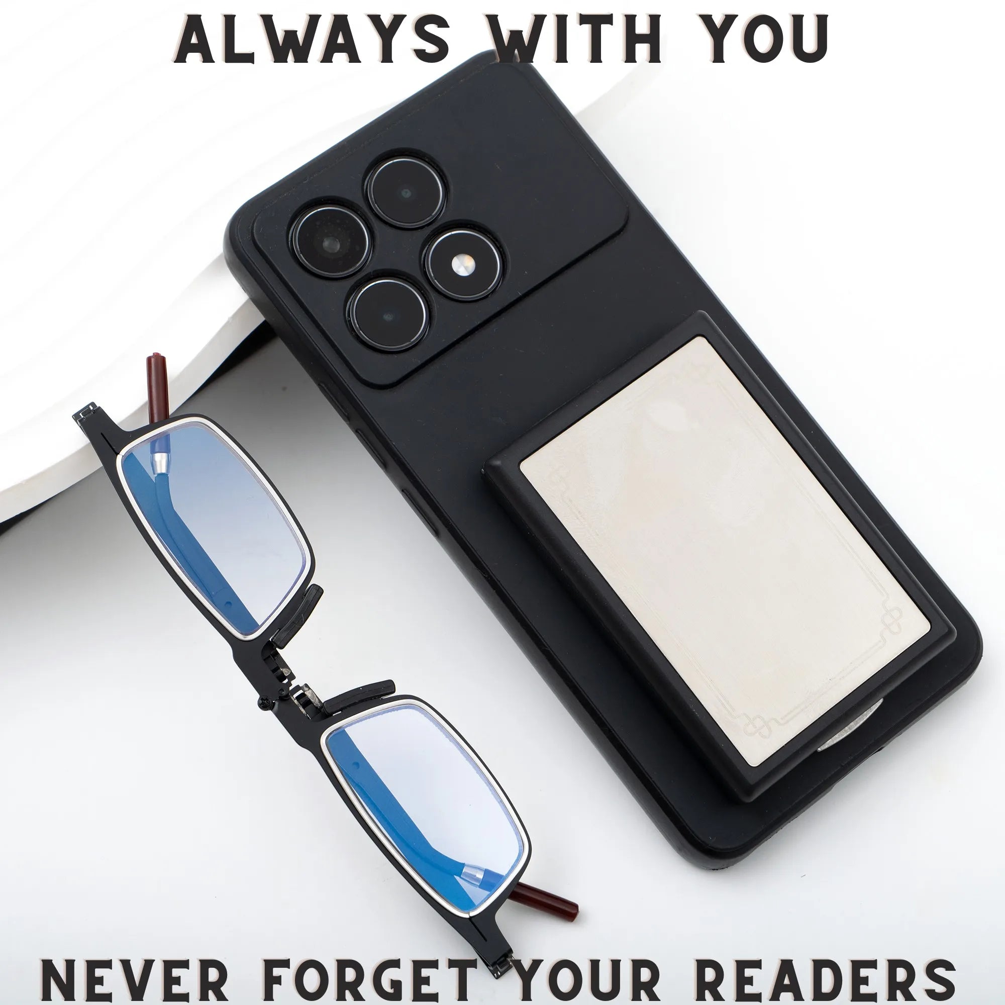 Portable Foldable Reading Glasses That Can Be Attached to the Back of a Phone as a Phone Stand, Minimalist Style Stainless Steel Reading Glasses, +100 to +400, Unisex