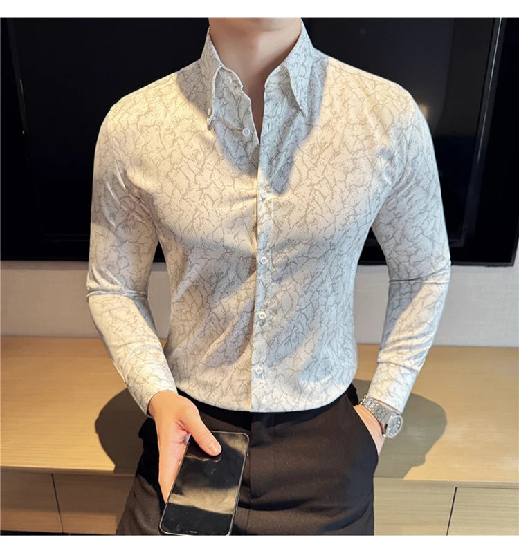 Men Dress Shirt 2024 Solid Casual Long Sleeve Slim Fit Print Shirt Fashion Formal Social Banquet Tuxedo Wedding Men Clothing