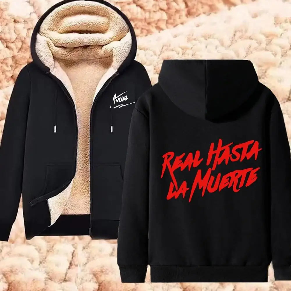 Anuel AA Printed Hoodies Real Hasta La Muerte Casual Zipper Jackets Thicken Lambswool Men Women Clothing Oversized Y2K Clothes
