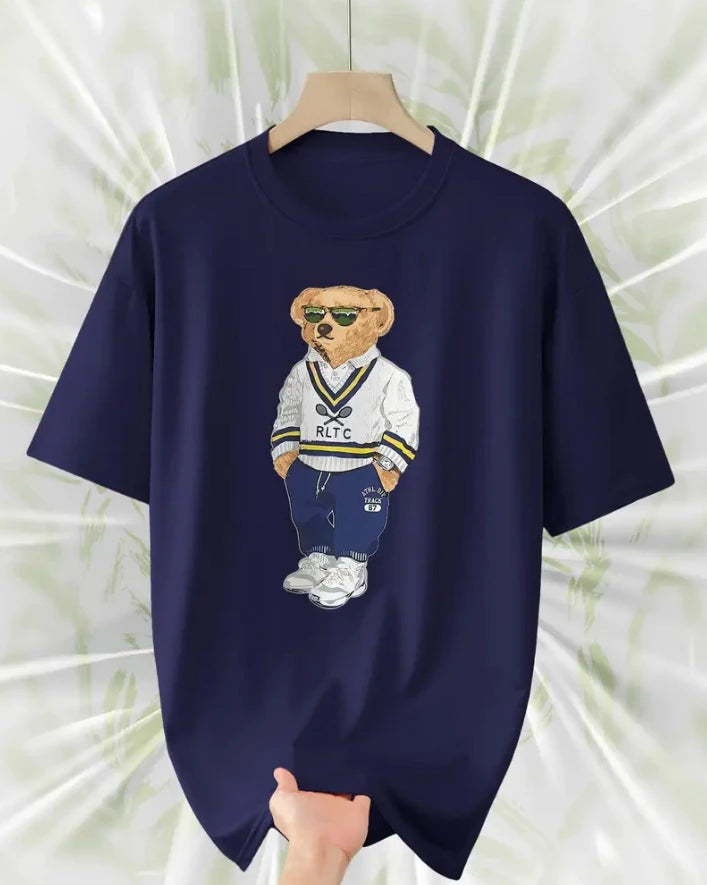 Men's Fashion Loose Round Neck T-shirt Casual Street Style with Teddy Bear Graphic Printed Short Sleeve Perfect Gift for Him