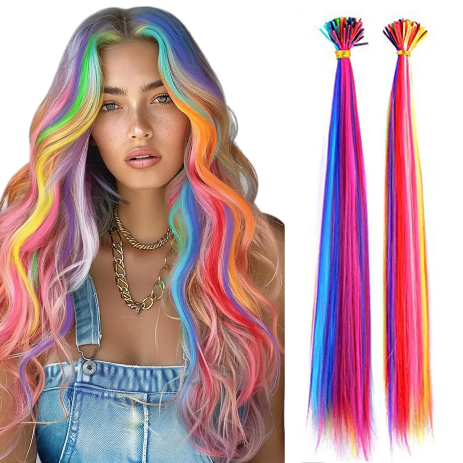 20" Rainbow Synthetic Hair Extensions Kit 10PCS Colored I-Tip Extensions with Micro Beads Hook Needle for Women Kids Cosplay