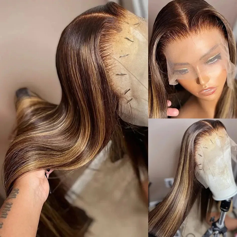 Long Silky Straight Highlight Honey Blonde Ombre Color Synthetic 13X4 HD Lace Frontal Wig Prepucked With Baby Hair Glueless Wig
