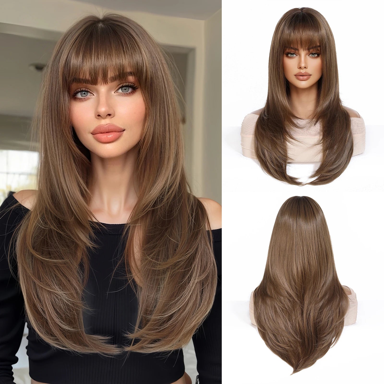 EASIHAIR Brown Straight Layered Wigs for Women Long Natural Hair Synthetic Wigs With Bangs Daily Use Party Heat Resistant Wigs