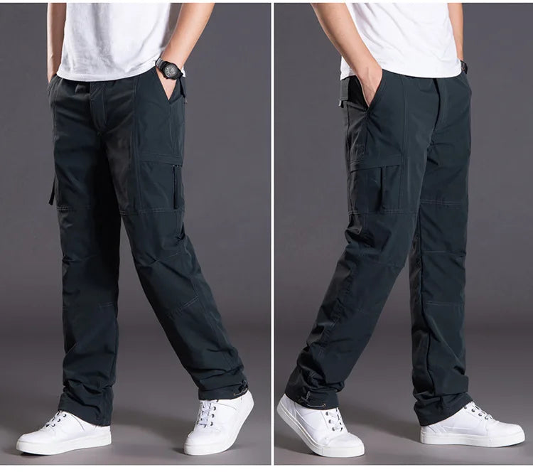 6XL Thick Waterproof Warm Fleece Cargo Pants Men Winter Outdoor Plus Velvet Multi-pockets Loose Straight Casual Overall Trousers
