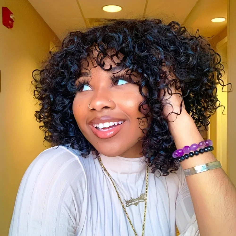 Curly Bob Wig With Bangs Short Bob Curly Wig for Women Natural Color Brazilian Human Hair Deep Wave Bob Wig With Bangs 16 Inch