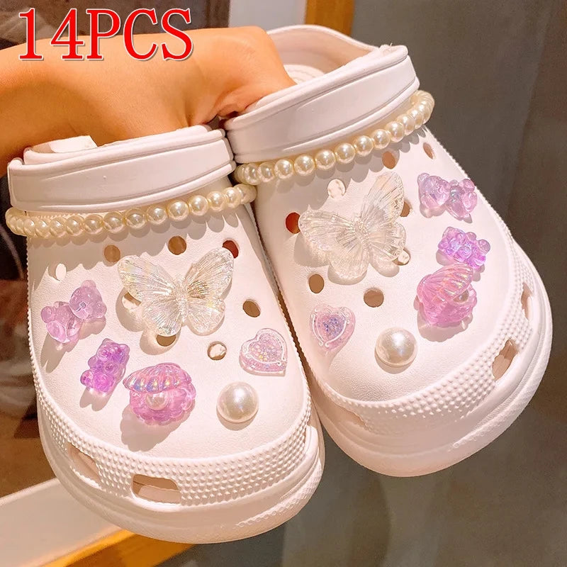 12/14PCS Advanced Bow Shoe Decorations Shoe Charms Set Pearl Butterfly Shoe Decoration DIY Detachable Buckle Shoes Accessories
