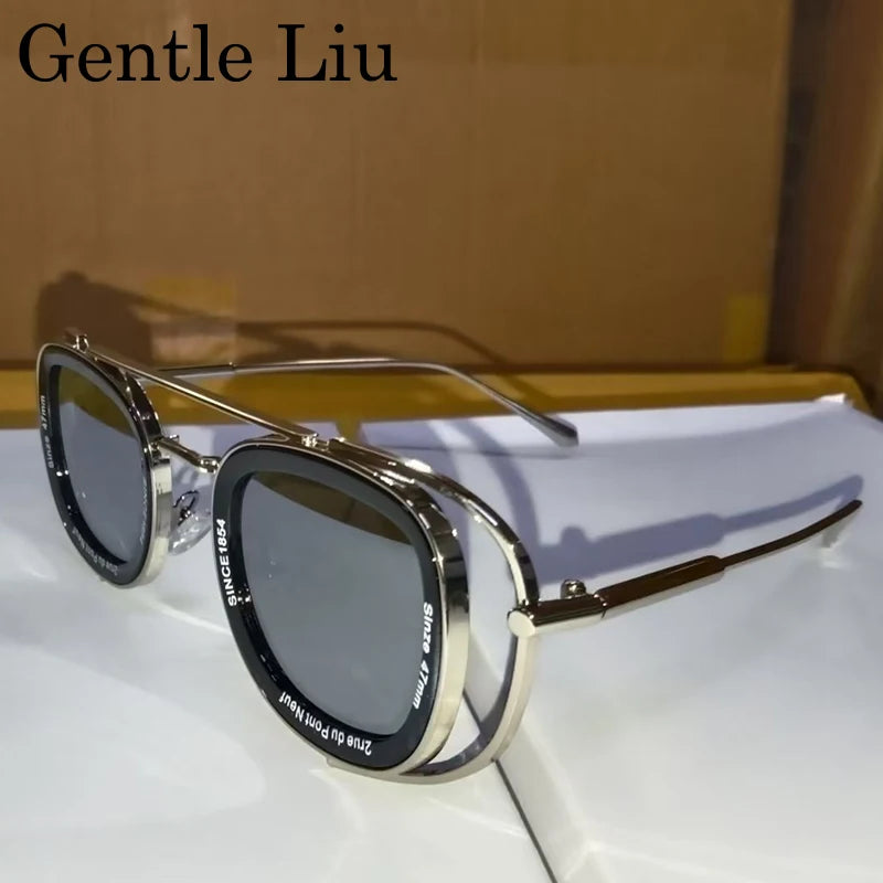 Steampunk Square Pilot Sunglasses Men 2025 Luxury Brand Retro Metal Frame Sun Glasses For Male Double Beam Eyewear UV400 Shades