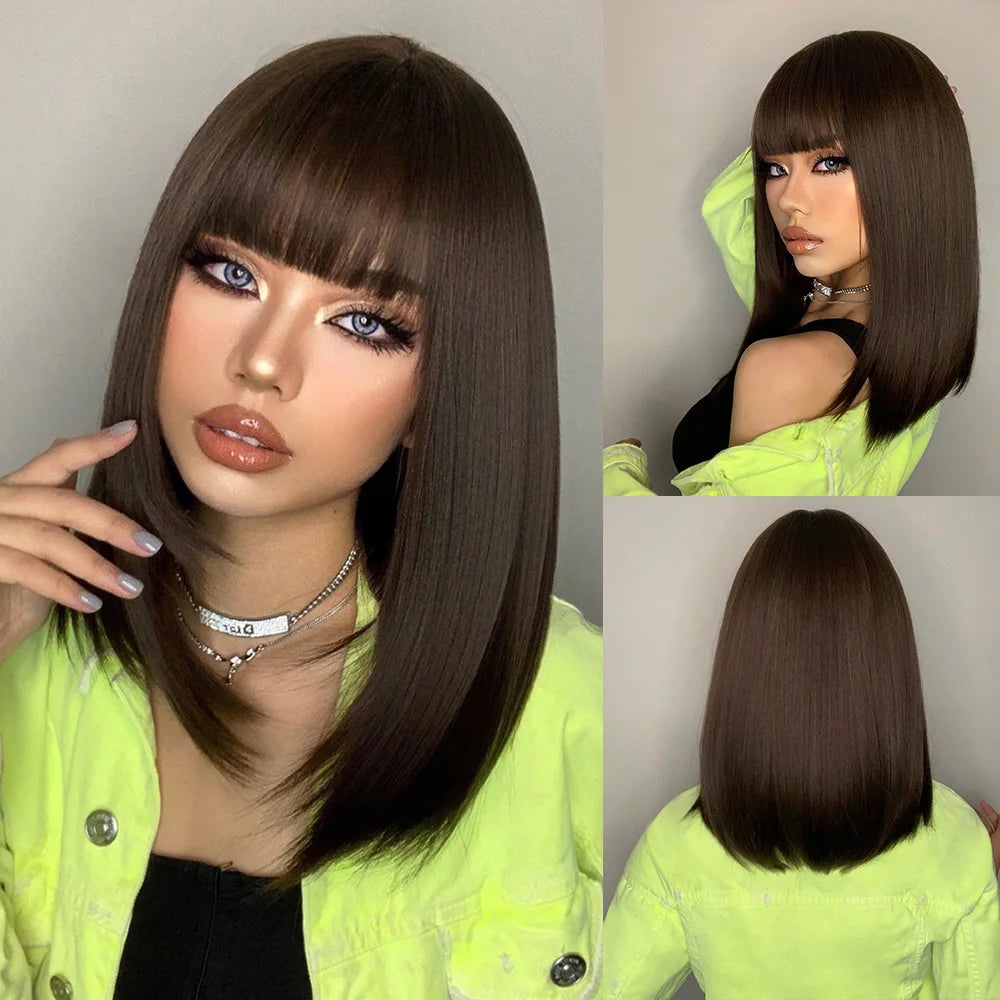 ALAN EATON Long Straight Layered Synthetic Wigs with Bangs Blonde Highlights on Brown Wigs for Black Women Afro Daily Party Hair
