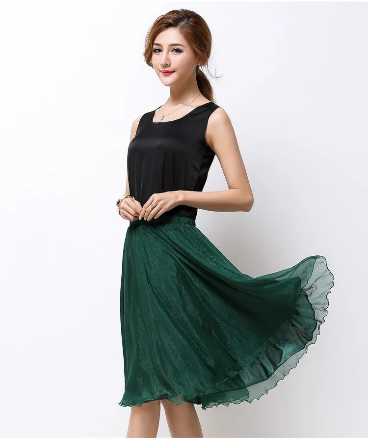 Summer Women Silk Tutu Skirts Chiffon Pleated Dance Beach Wedding Party Skirt Black White Elastic High Waist Midi Skirts