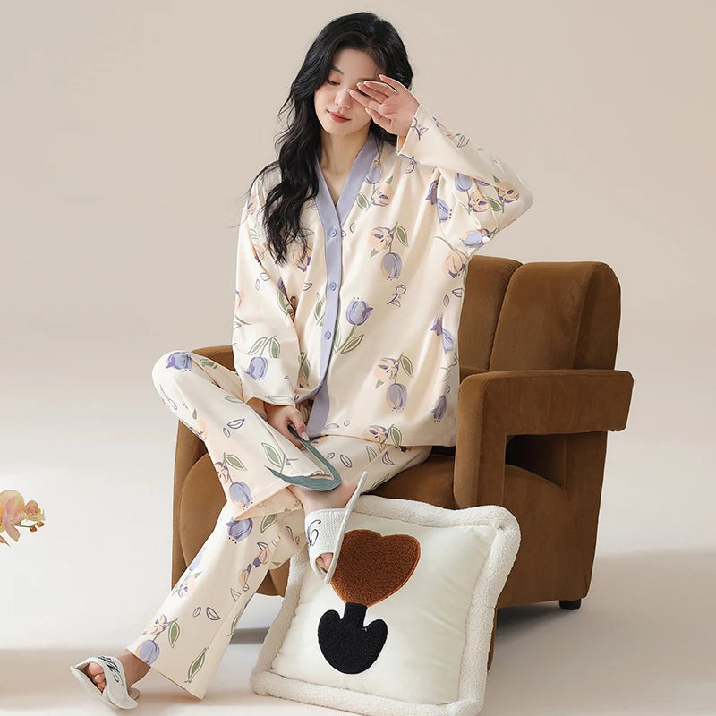 Y2k Women's 100% POLYESTER Pajamas with Cartoon Print Korean Fresh Ins Style Harajuku Lounges 2pcs 2024 New Spring/fall Homewear