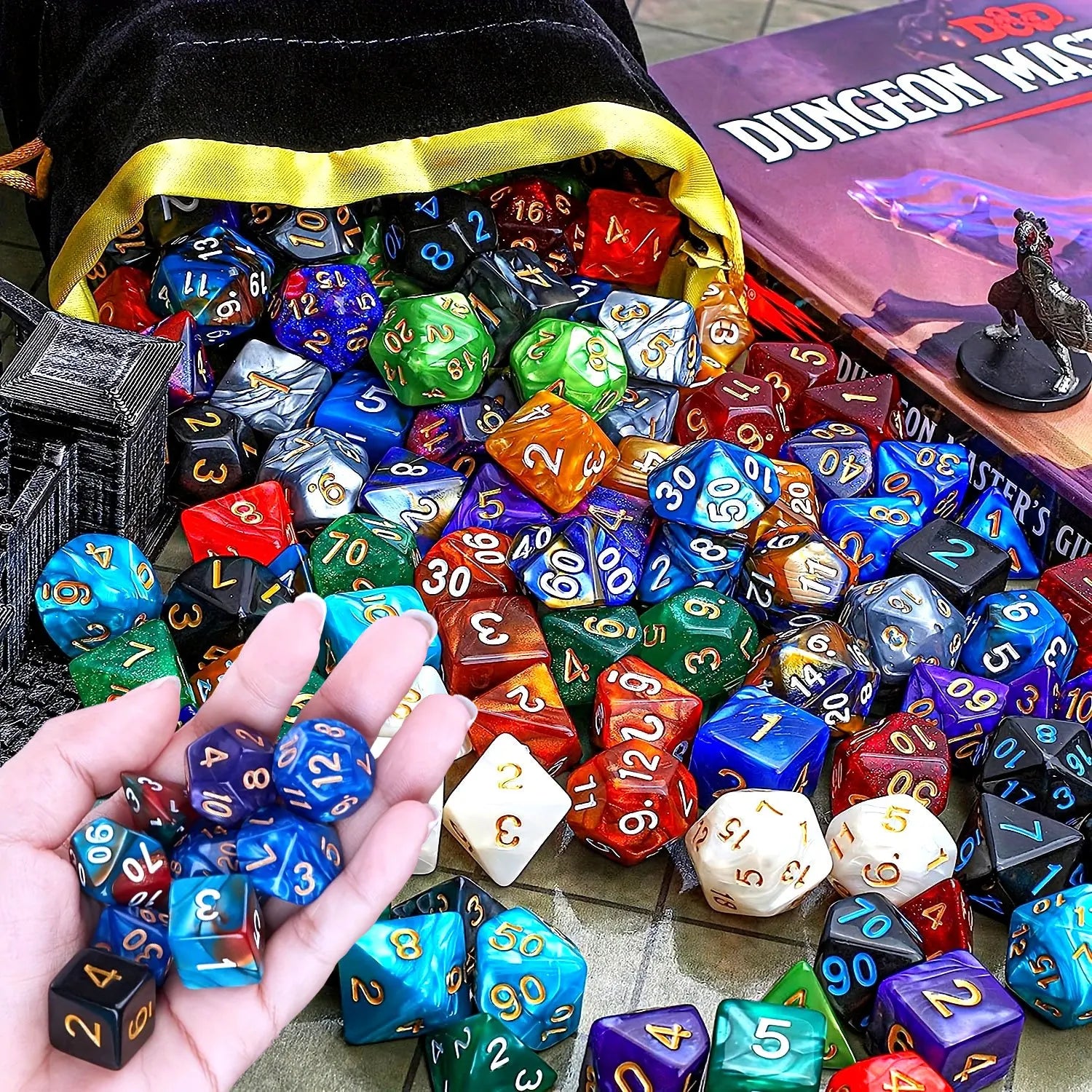 28pcs Polyhedral DND Dice Set - Black Drawstring Pouch with Color-Coded Faces, RPG/D&D Tabletop Game Accessories  ZSY