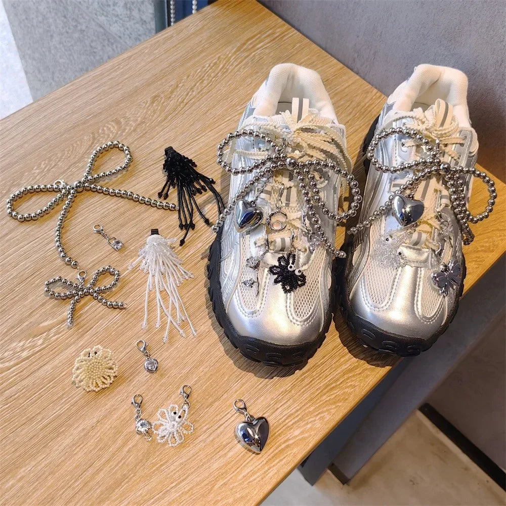 1PCS Fashion Silver Pearl Bow Pendant Gemstone Shoelaces Charms for Sneakers Shoe Decorations Buckle Girl Heart Shoe Charm