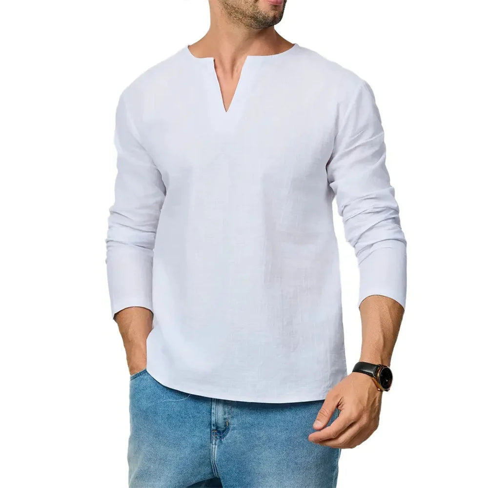 Men's Cotton Linen Long Sleeve T-Shirt Breathable V-neck Casual Slim Fit Solid Color Lightweight Male Casual Cozy Tees