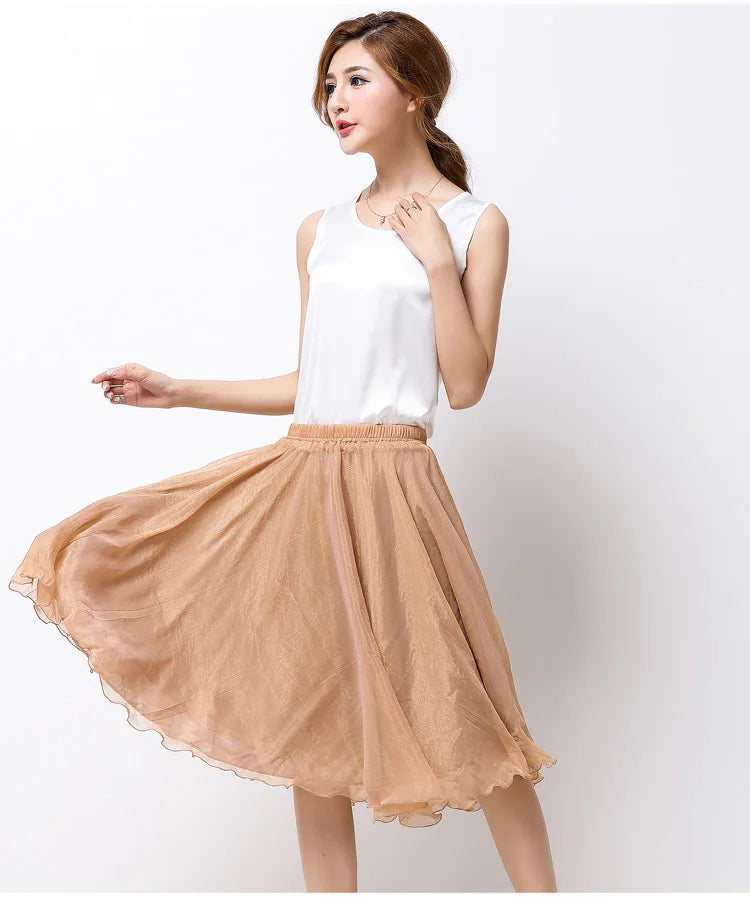 Summer Women Silk Tutu Skirts Chiffon Pleated Dance Beach Wedding Party Skirt Black White Elastic High Waist Midi Skirts