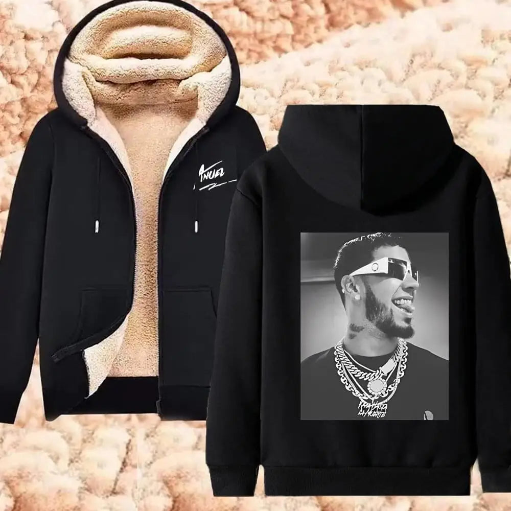 Anuel AA Printed Hoodies Real Hasta La Muerte Casual Zipper Jackets Thicken Lambswool Men Women Clothing Oversized Y2K Clothes