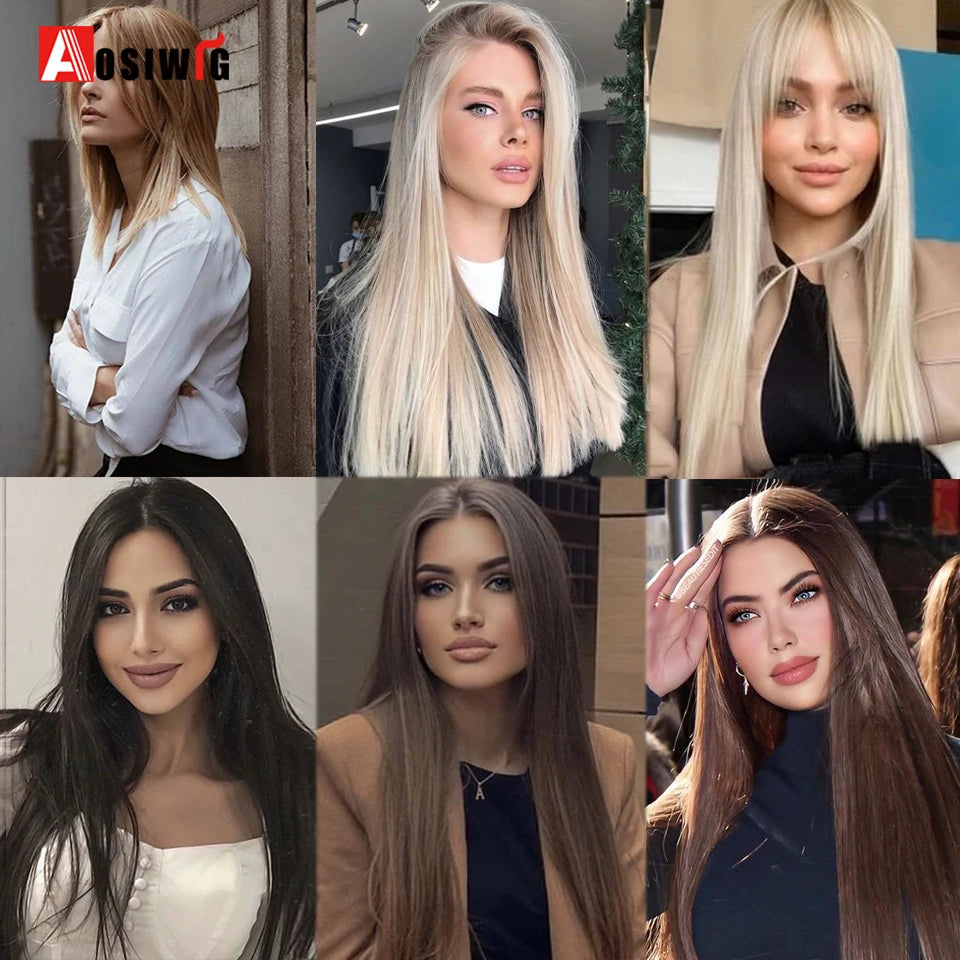 AOSIWIG Synthetic Long Straight Topper Closures Hairpiece Clip In Hair Extensions Cover White Hair Women Natural Fake Hairpiece