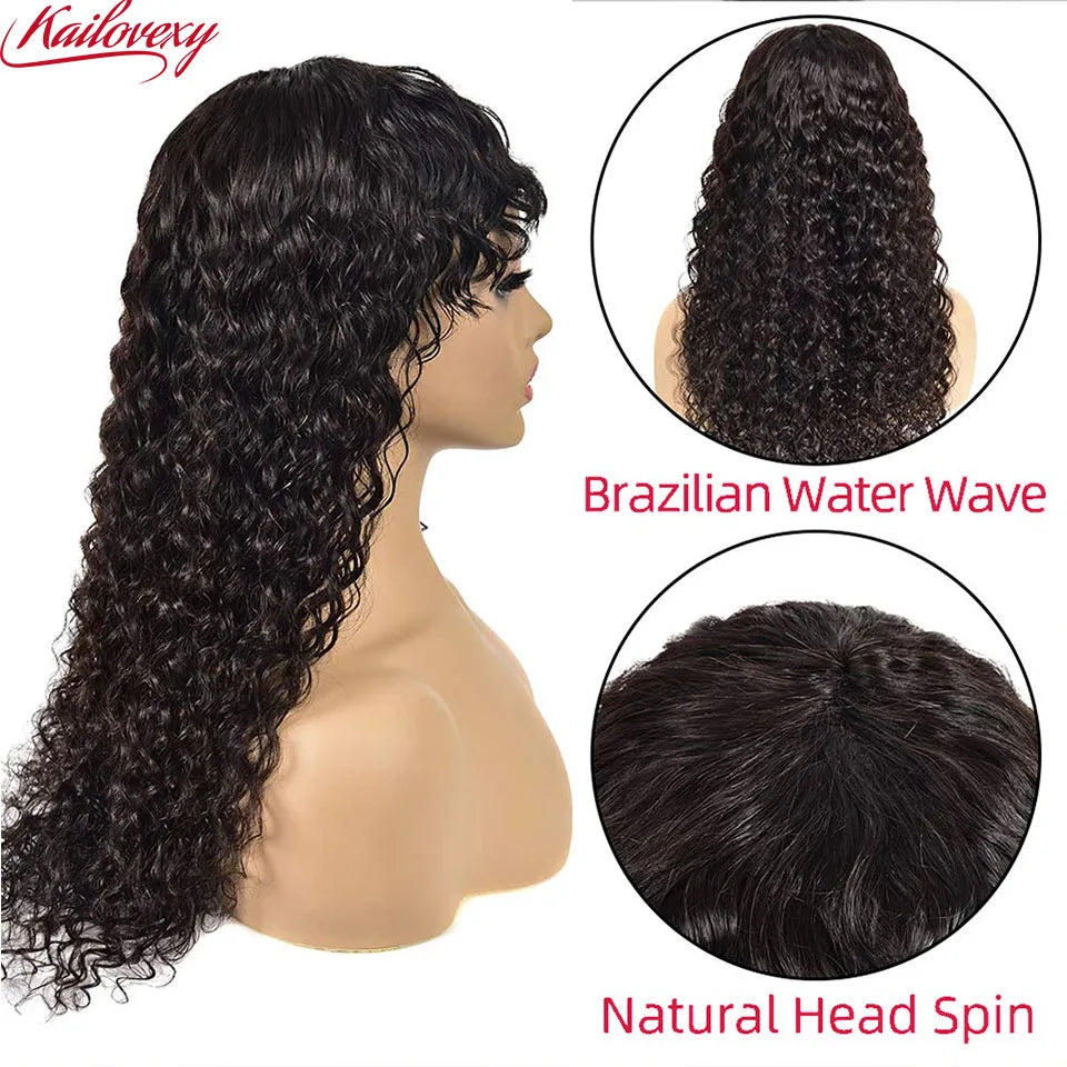 Water Wave Wig with Bangs Human Hair Full Machine Made Scalp Top Wig Glueless Virgin Brazilian Long Curly Wig No Lace for Women