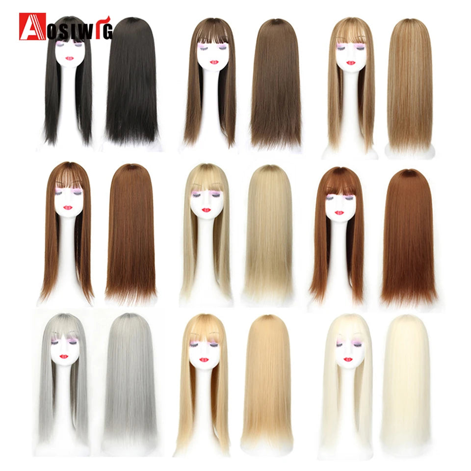 AOSIWIG Synthetic Long Straight Topper Closures Hairpiece Clip In Hair Extensions Cover White Hair Women Natural Fake Hairpiece