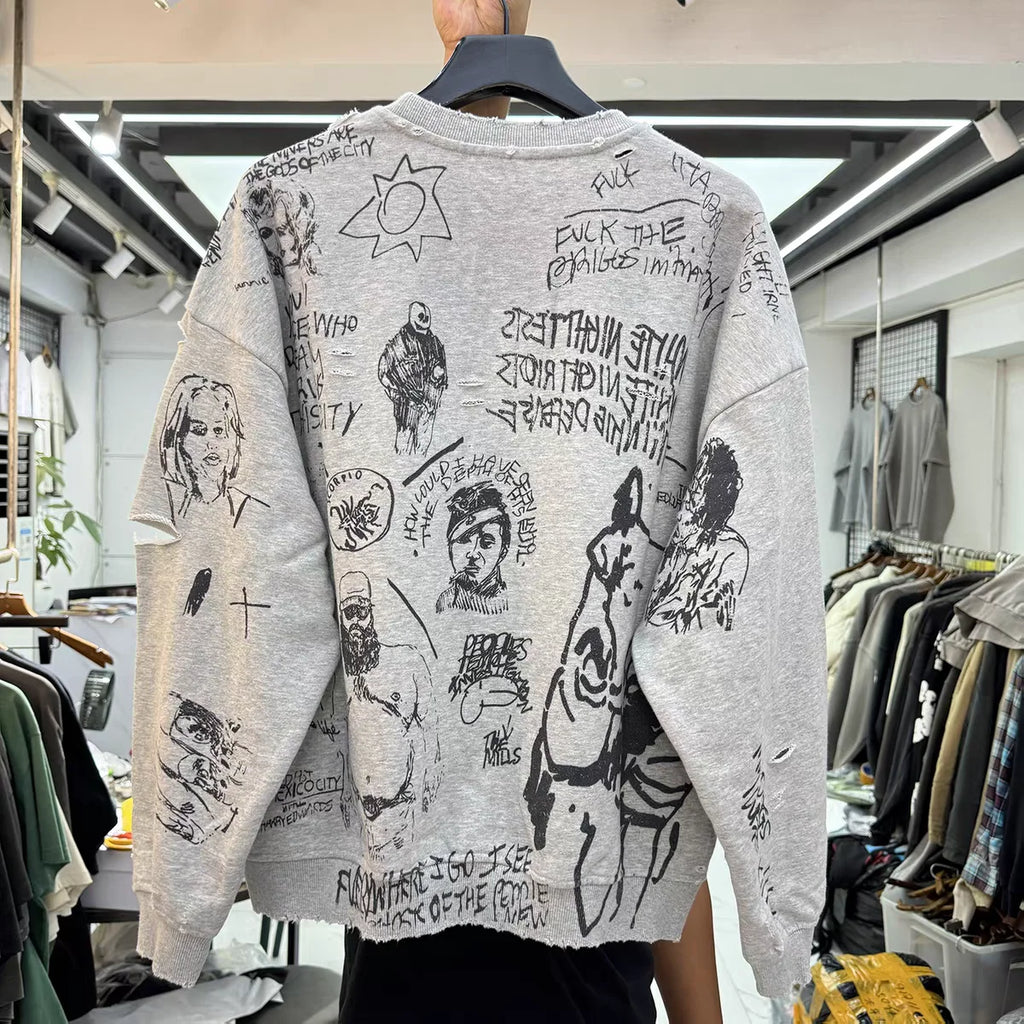 Graffiti illustration letter print ripped top loose casual loop round neck hoodie Men Women Best Quality Hooded Sweatshirt