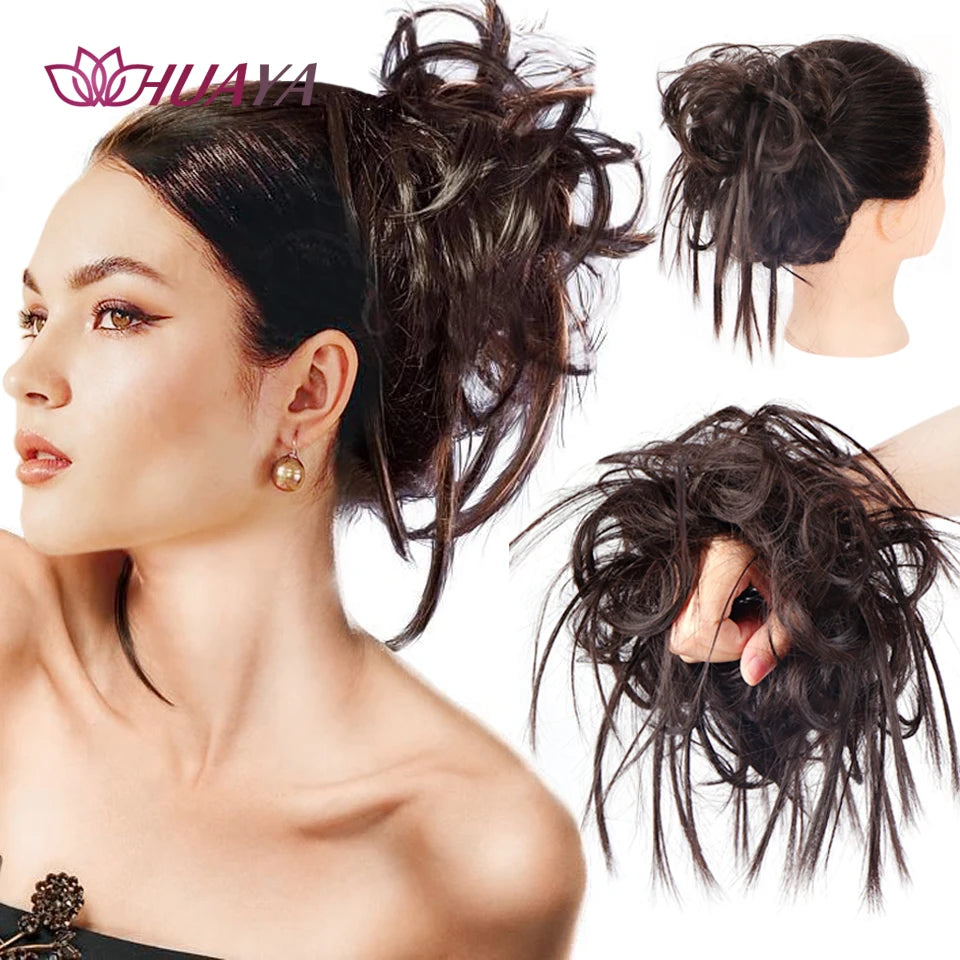 HUAYA Synthetic Chignon Donut Messy Hair Bun Hairpiece Elastic Hair Scrunchies Fake Hair Pieces For Women Black Brown Gold
