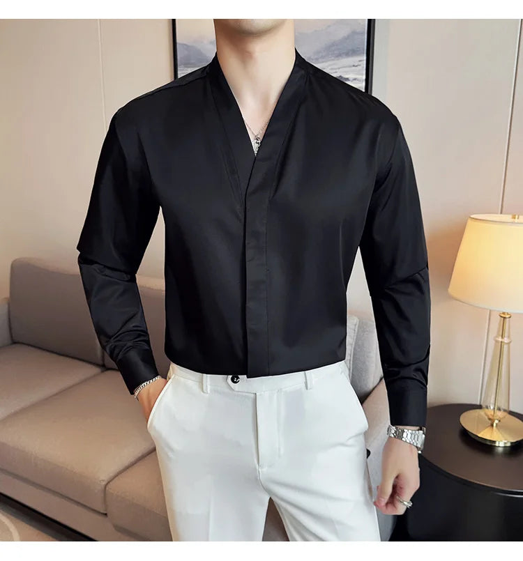 High Quality Collarless Shirts Men Fashion Slim Fit Long Sleeve Casual Shirts Business Office Social Formal Shirt Men Clothig