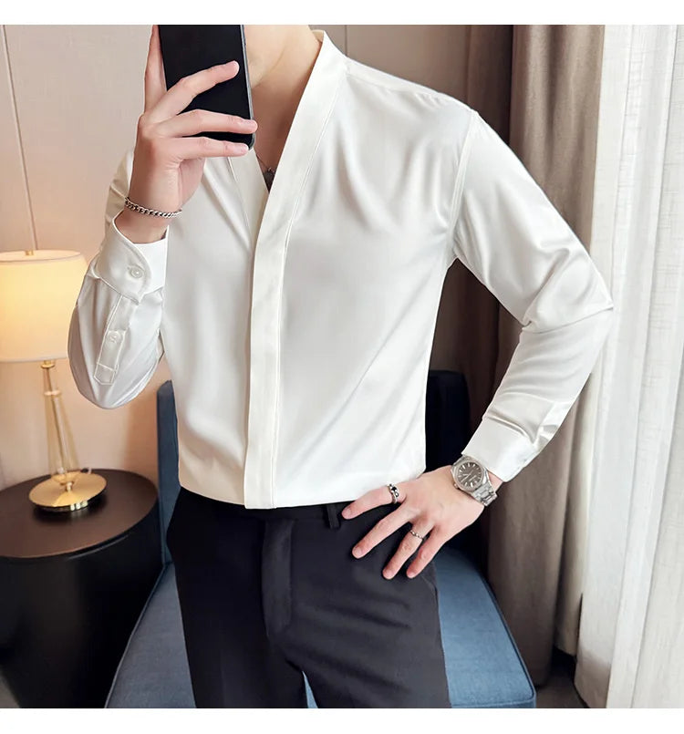 High Quality Collarless Shirts Men Fashion Slim Fit Long Sleeve Casual Shirts Business Office Social Formal Shirt Men Clothig