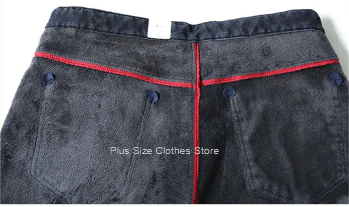 Tall Man Fleece Jeans 117CM Extra Long Stretched Plus Size 42 44 Fit Trousers Warm Autumn Winter High Waist Denim Pants Trousers