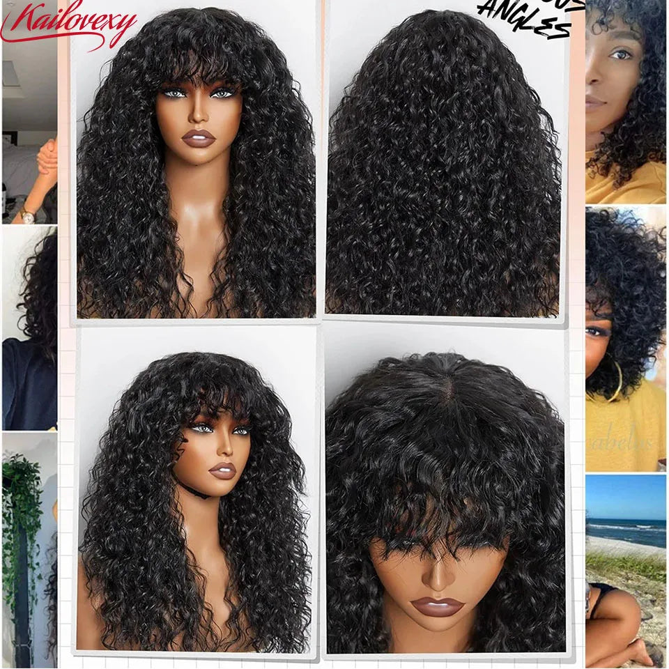 Water Wave Wig with Bangs Human Hair Full Machine Made Scalp Top Wig Glueless Virgin Brazilian Long Curly Wig No Lace for Women