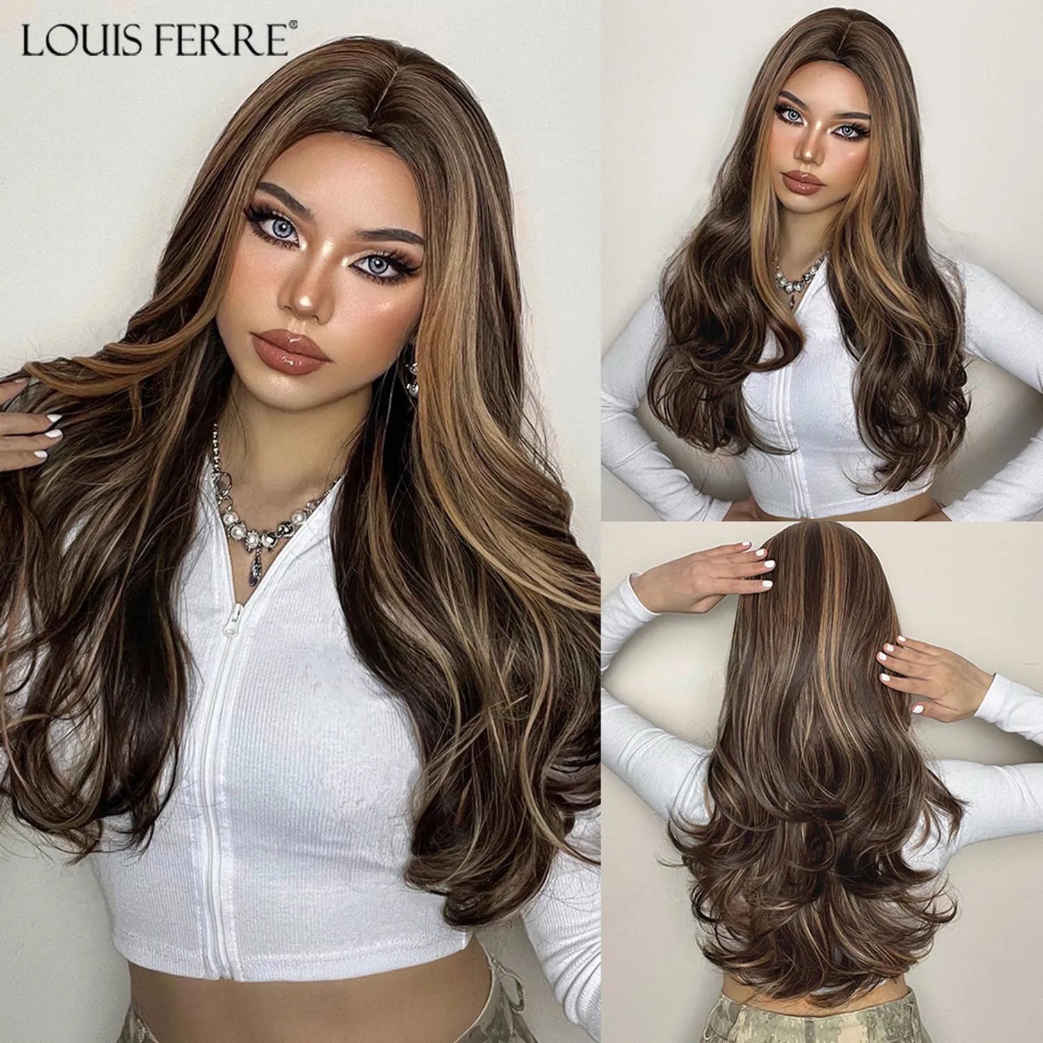 LOUIS FERRE Brown Blonde Highlights Wigs For Women Daily Long Wavy Curly Synthetic Wigs Natural Heat Resistant Hair With Bangs